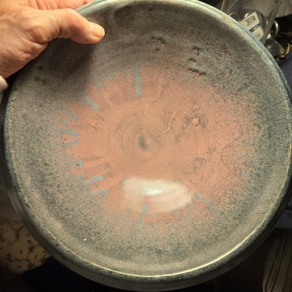 Hand Thrown Studio Art Pottery Bowl in Pink, Blue, & Tan, 8" x 3.5" Tall - Picture 7 of 12